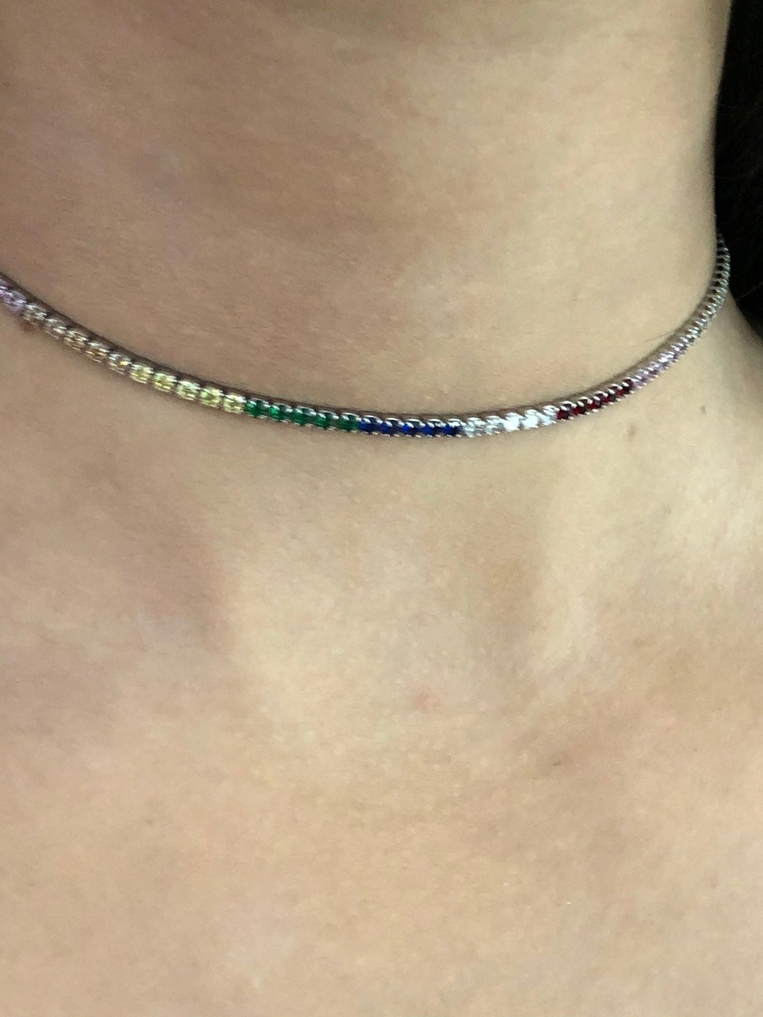 LIV Platinum over sterling silver rainbow sapphire thin choker necklace LC01
