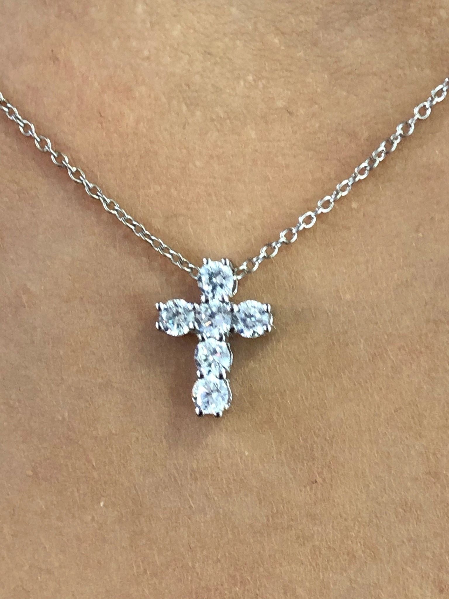 LIV Platinum plated sterling silver mini cross necklace with simulated diamonds