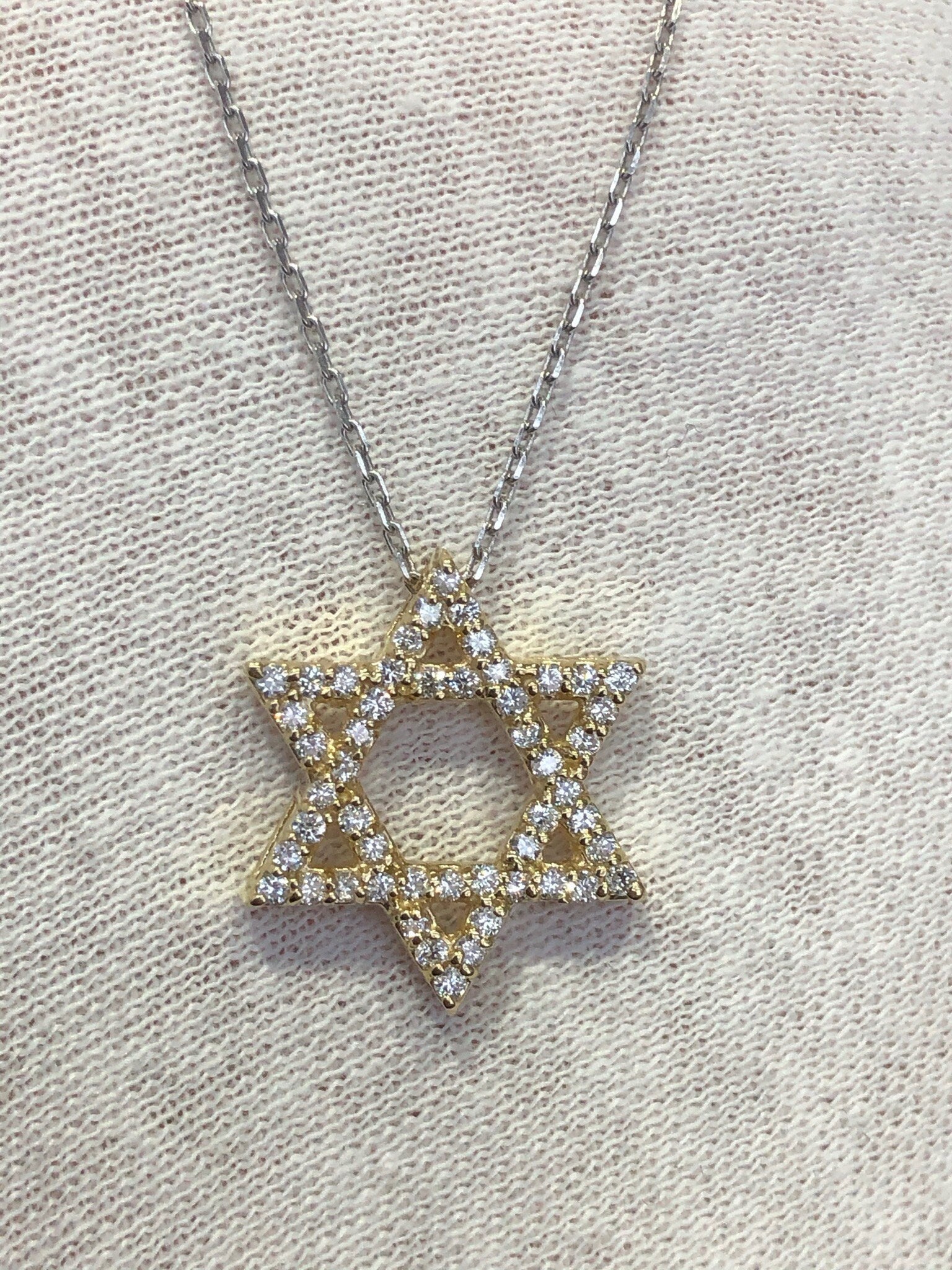 LIV 14k Yellow Gold & Genuine Diamonds Star of David Hand Made Pave Good Luck Life Necklace