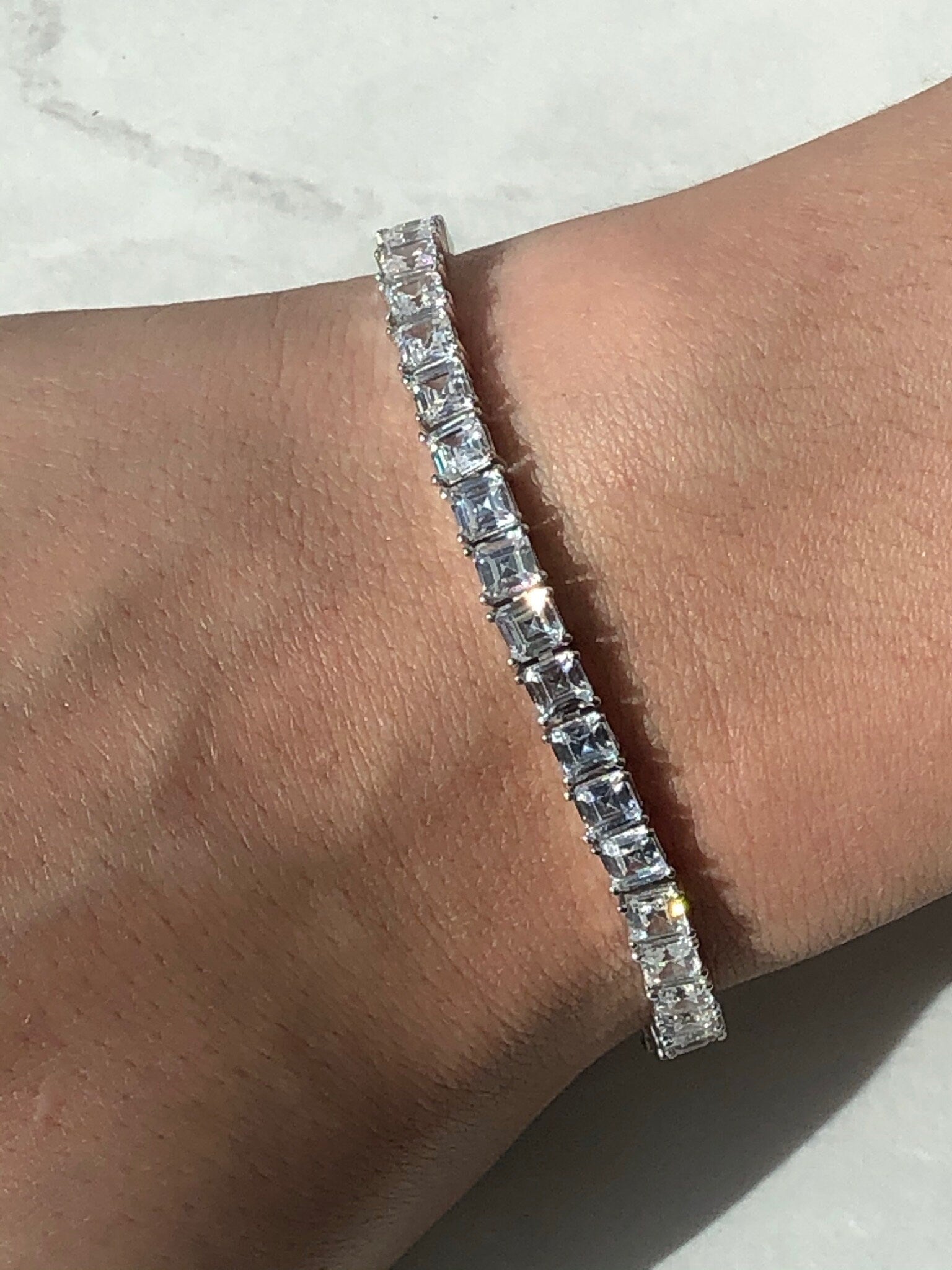 LIV Platinum over Sterling Silver Ascher Cut Tennis Bracelet With Hand Set Simulated Diamonds Bridal Travel Very Sparkly!