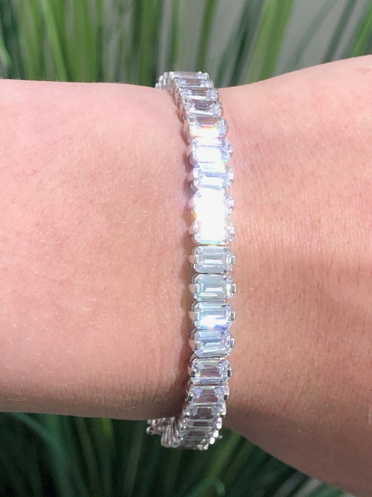 LIV Platinum over Sterling Silver Emerald Cut Tennis Bracelet With Hand Set Simulated Diamonds Bridal Travel Very Sparkly!