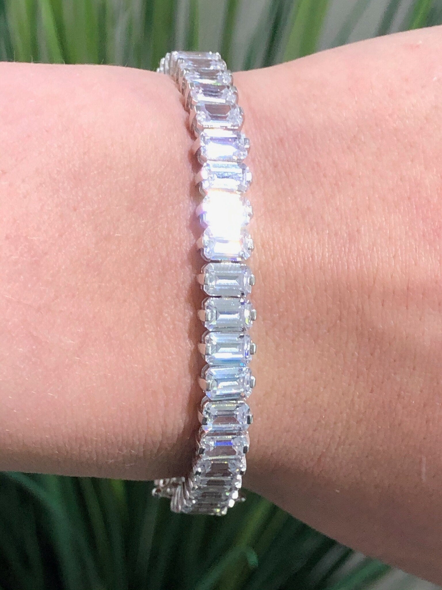 LIV Platinum over Sterling Silver Emerald Cut Tennis Bracelet With Hand Set Simulated Diamonds Bridal Travel Very Sparkly!