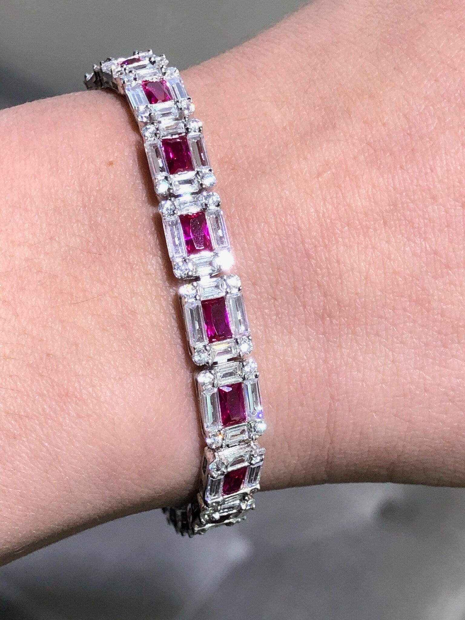 LIV Platinum over Sterling Silver Emerald Cut Invisible Hand Set Simulated Diamonds & Red Ruby Tennis Bracelet Bridal Travel