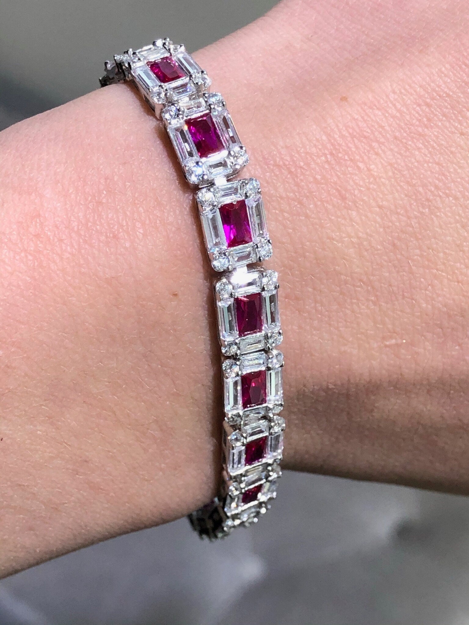 LIV Platinum over Sterling Silver Emerald Cut Invisible Hand Set Simulated Diamonds & Red Ruby Tennis Bracelet Bridal Travel