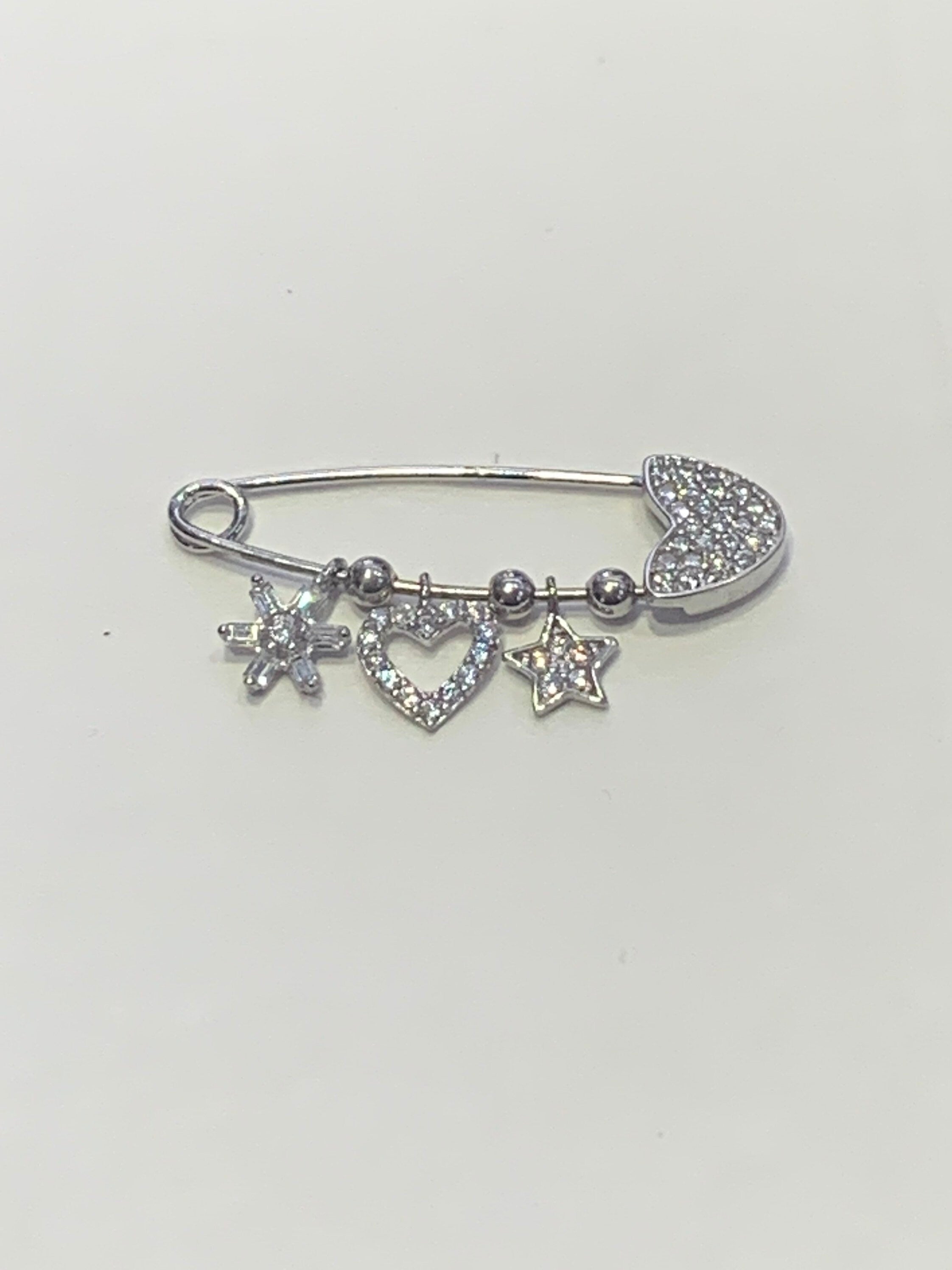 LIV Baby Platinum over Sterling Silver Pave Heart Dangling Charm Pin With Hand Set Simulated Diamonds Pin Baby Stroller Crib Gift