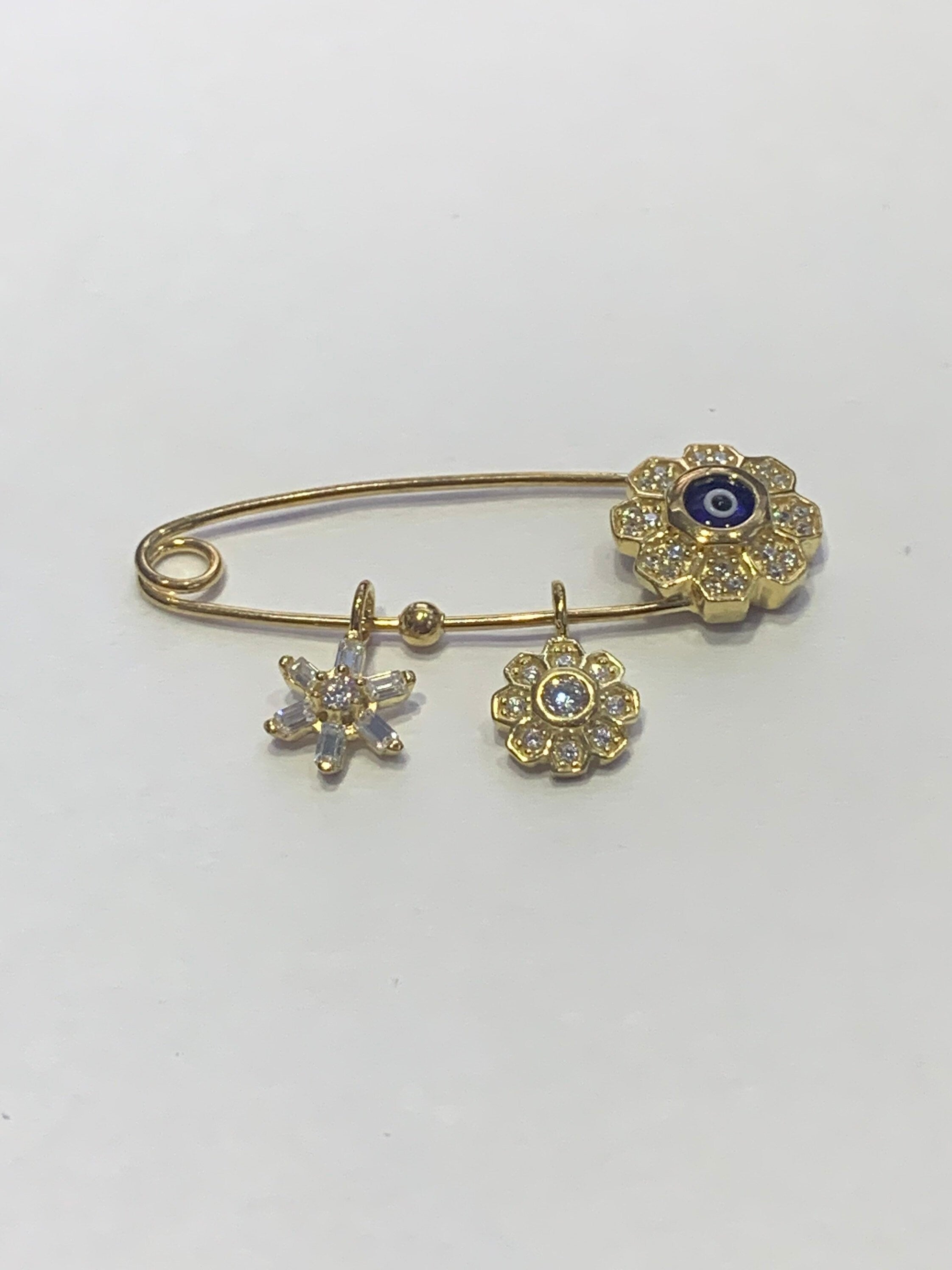 LIV Baby 18k Yellow Gold over Sterling Silver Evil Eye Protection Pin With Hand Set Simulated Diamonds