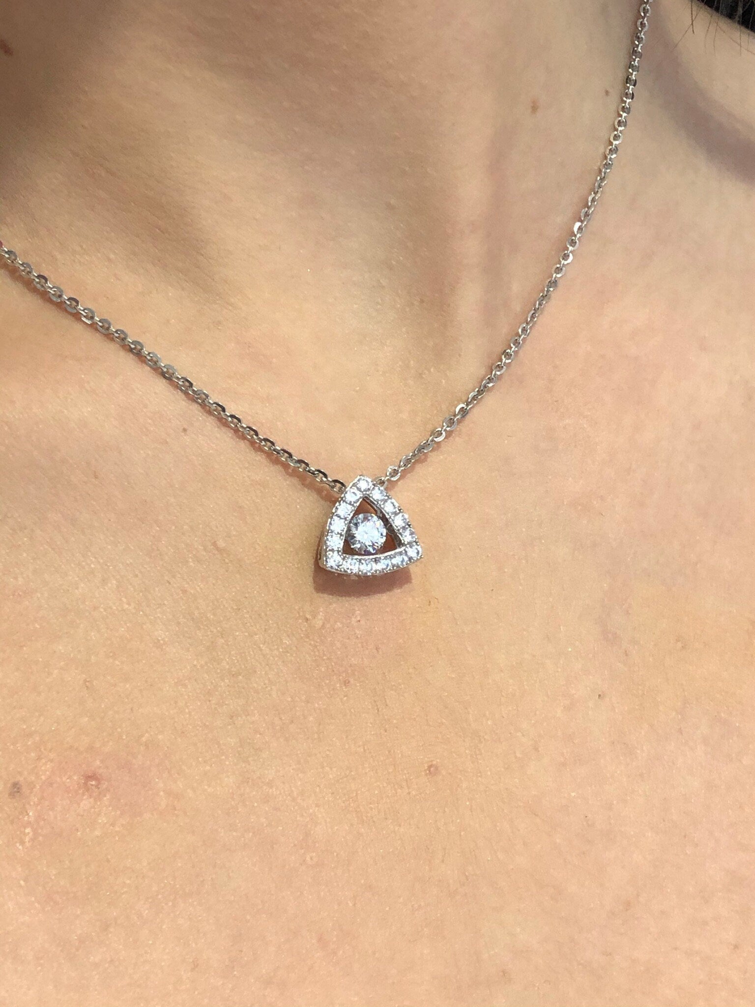 LIV Platinum over Sterling Silver Triangle Halo Design Necklace With Hand Set Simulated Diamonds "Dancing Diamond" Center Stone