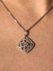 LIV 14K White Genuine White Diamonds Clover Heart Cushion Halo Necklace