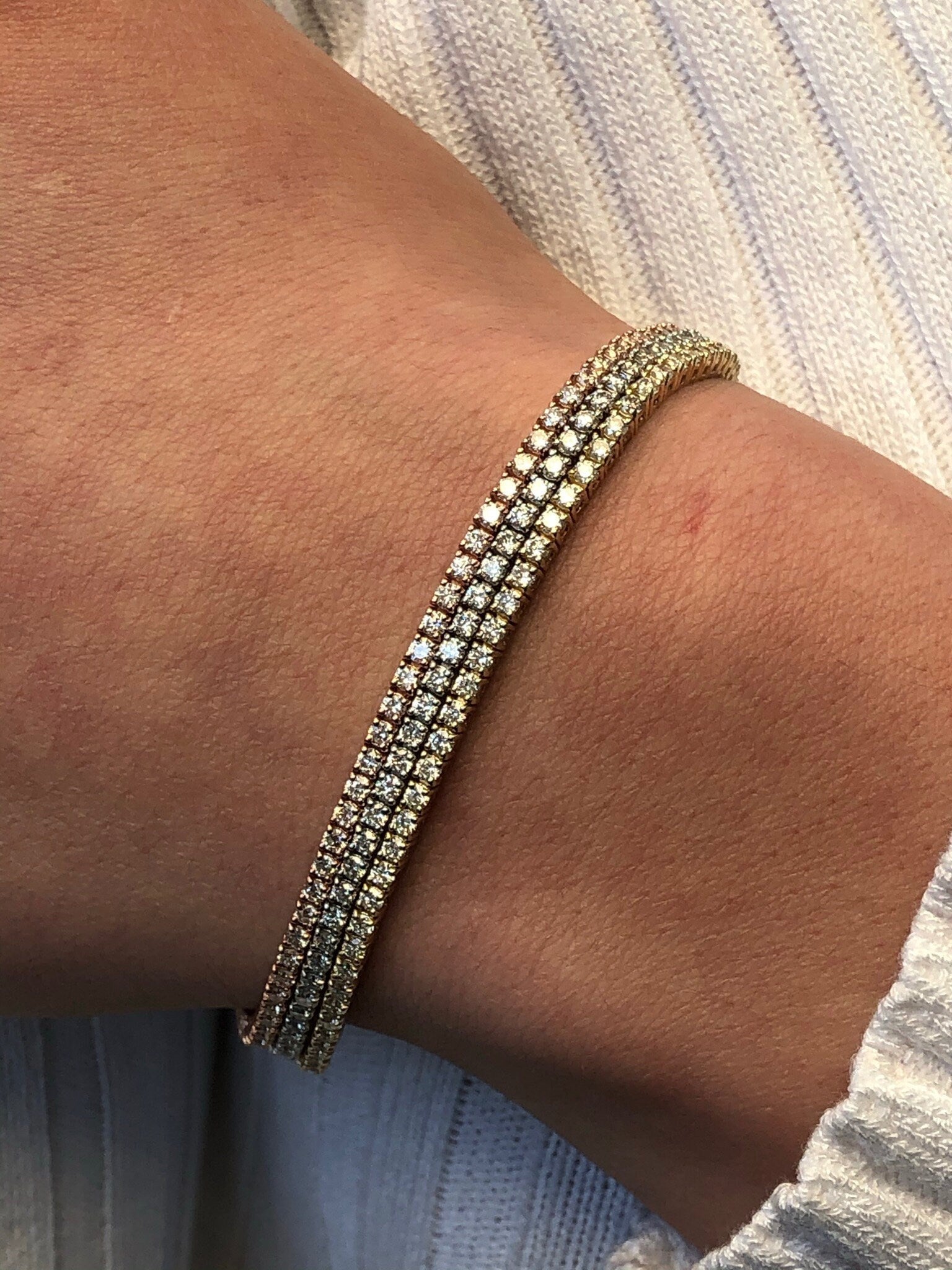 LIV 14K Solid Tri Gold & Diamonds 3 Row Classic Design Tennis Bracelet