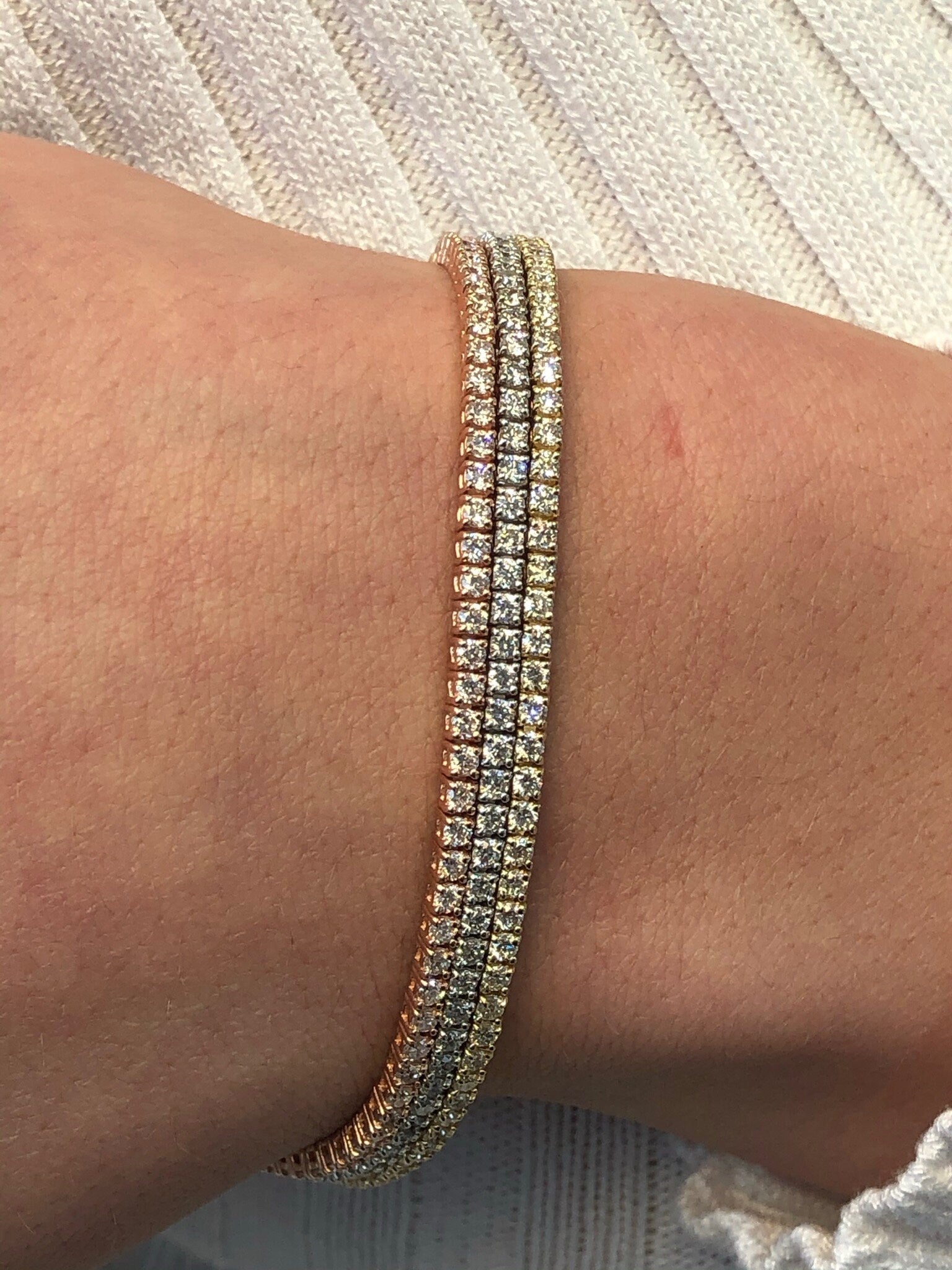 LIV 14K Solid Tri Gold & Diamonds 3 Row Classic Design Tennis Bracelet