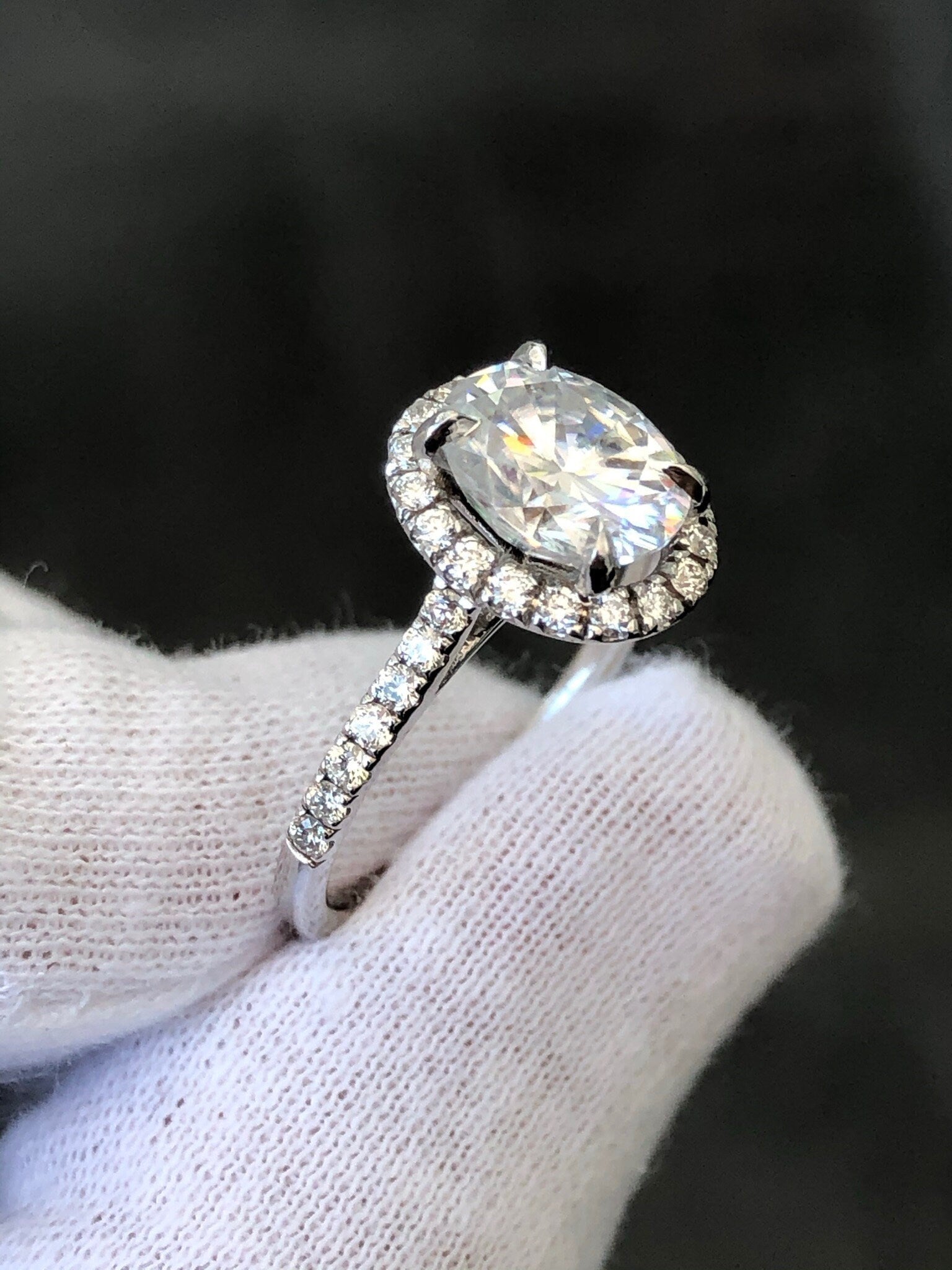 LIV 14K White Gold & Diamonds Pave Halo With a 2ct Oval Moissanite E/VVS Engagement Ring Size 6
