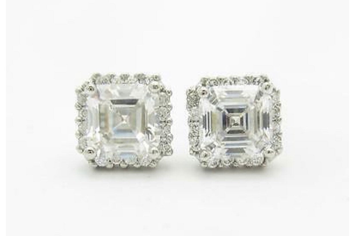 LIV Sterling Silver White Sapphire Cushion Cut Halo Stud Design Earrings