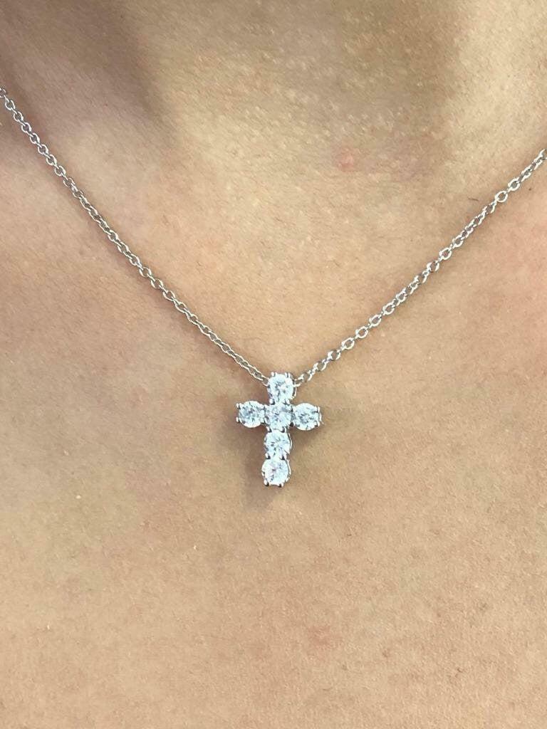 LIV Platinum Sterling Silver Simulated White Sapphire Shared Prong Mini Cross Necklace