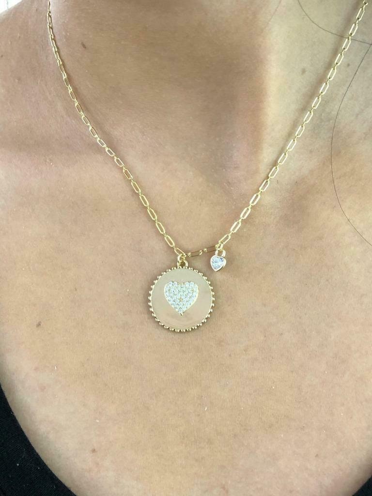 LIV 18k Gold Sterling Silver White Sapphire Pave Heart Disk Halo Dangle Necklace