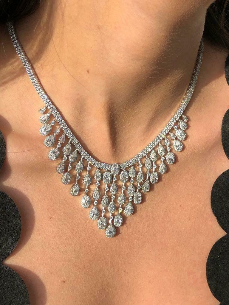 LIV Platinum Sterling Silver One of a Kind Pave White Sapphire Chandelier Necklace