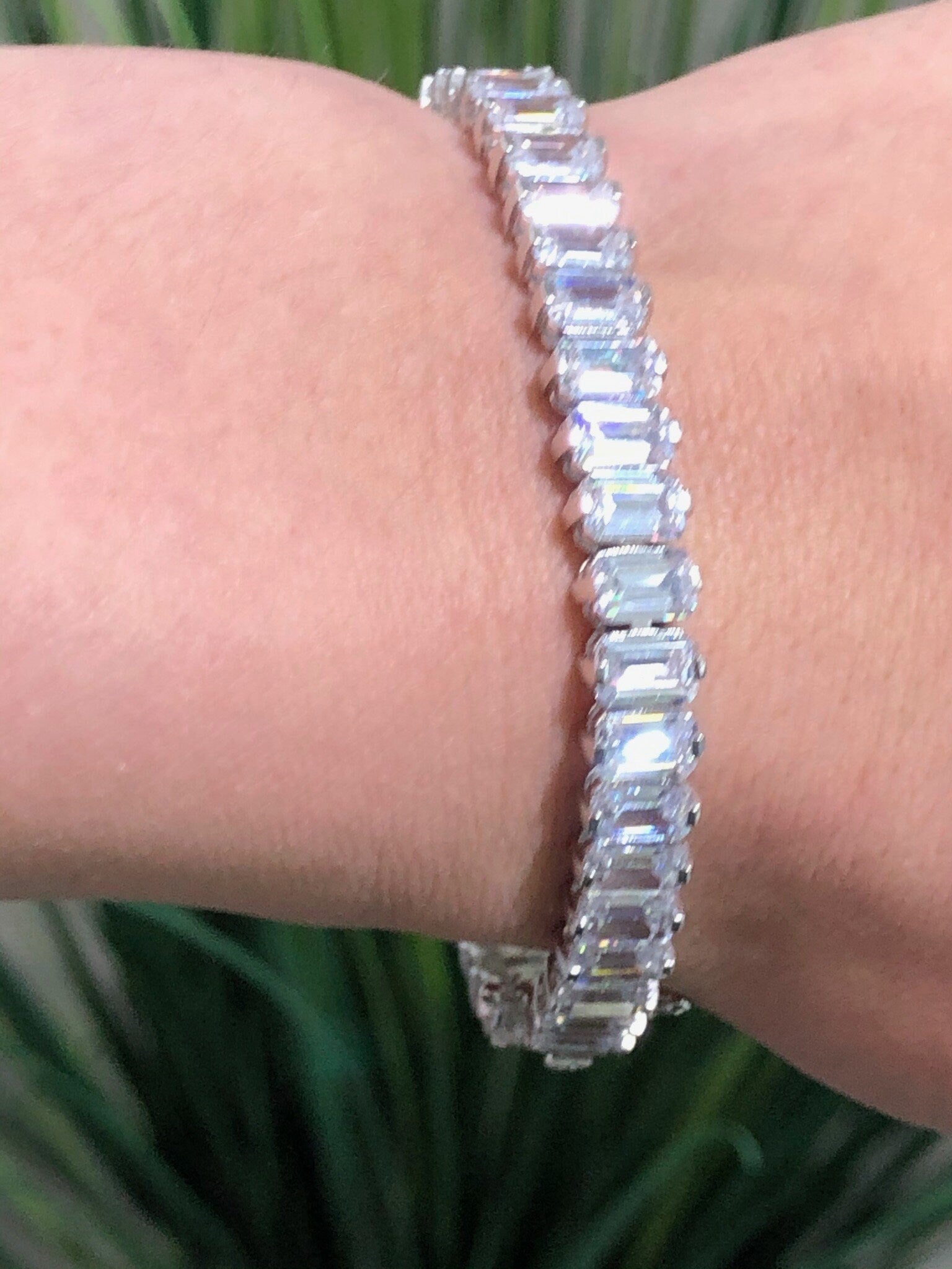 LIV Platinum over Sterling Silver Emerald Cut Tennis Bracelet With Hand Set Simulated Diamonds Bridal Travel Very Sparkly!