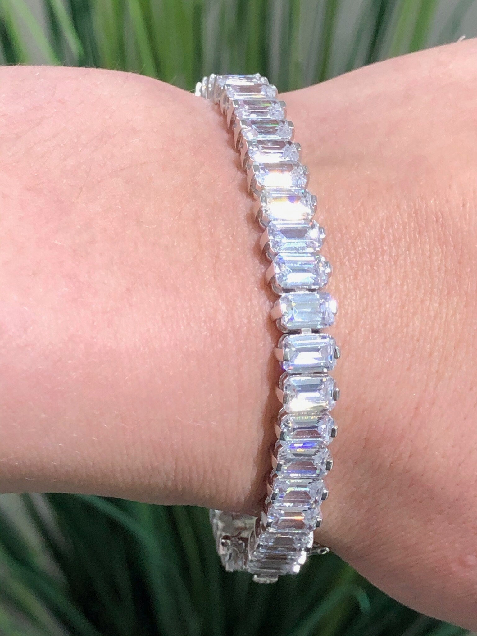 LIV Platinum over Sterling Silver Emerald Cut Tennis Bracelet With Hand Set Simulated Diamonds Bridal Travel Very Sparkly!