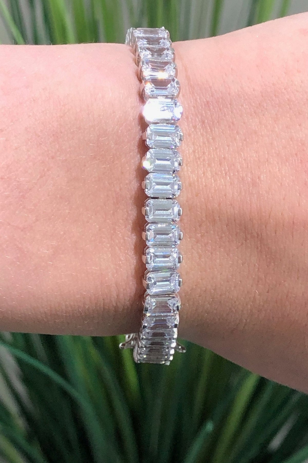 LIV Platinum over Sterling Silver Emerald Cut Tennis Bracelet With Hand Set Simulated Diamonds Bridal Travel Very Sparkly!