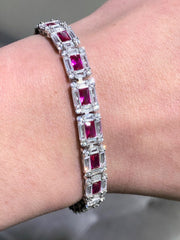 LIV Platinum over Sterling Silver Emerald Cut Invisible Hand Set Simulated Diamonds & Red Ruby Tennis Bracelet Bridal Travel