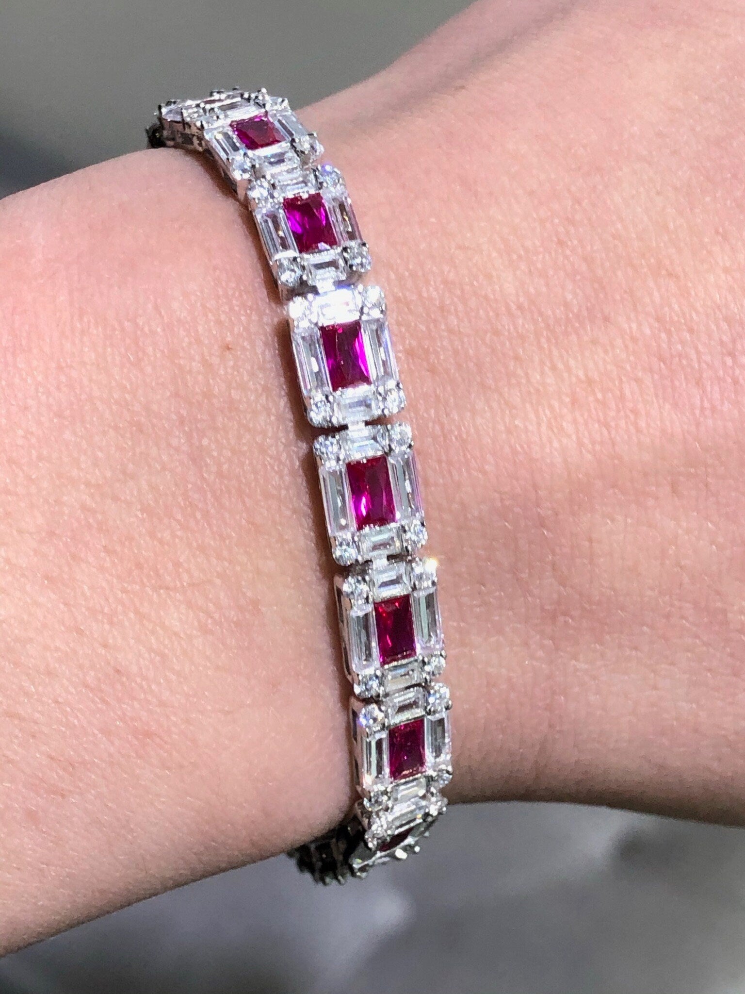 LIV Platinum over Sterling Silver Emerald Cut Invisible Hand Set Simulated Diamonds & Red Ruby Tennis Bracelet Bridal Travel