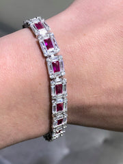 LIV Platinum over Sterling Silver Emerald Cut Invisible Hand Set Simulated Diamonds & Red Ruby Tennis Bracelet Bridal Travel