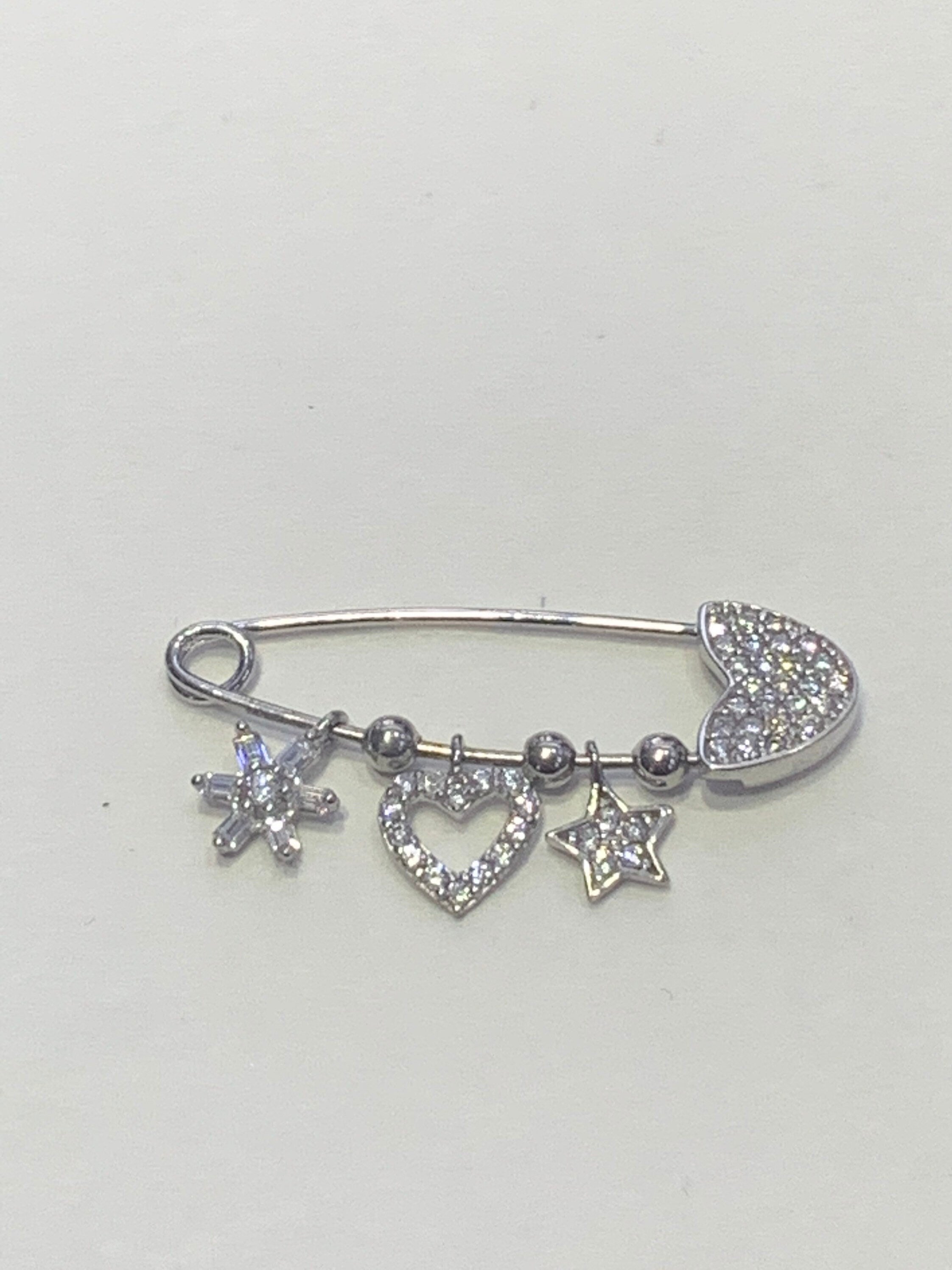 LIV Baby Platinum over Sterling Silver Pave Heart Dangling Charm Pin With Hand Set Simulated Diamonds Pin Baby Stroller Crib Gift