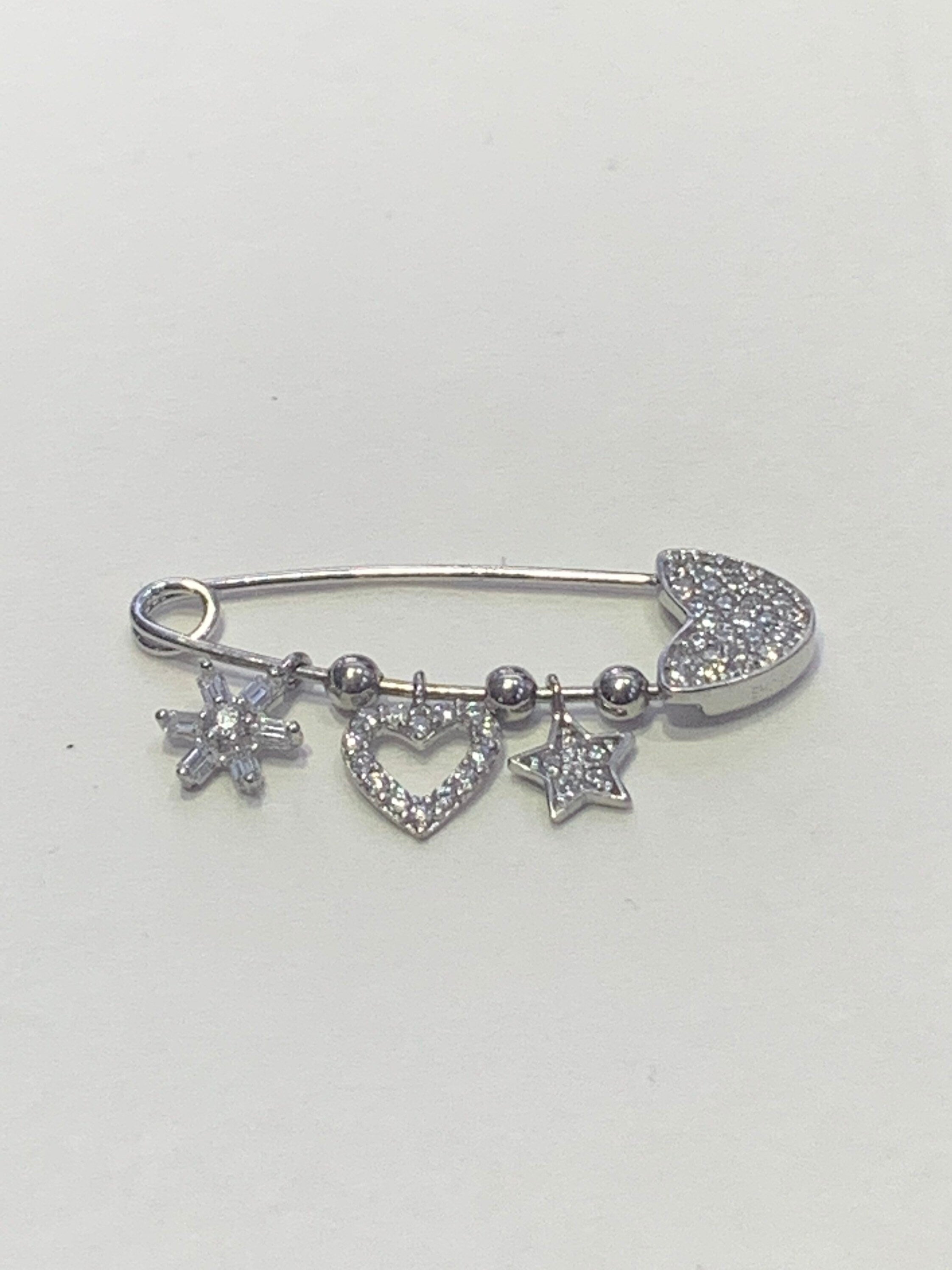 LIV Baby Platinum over Sterling Silver Pave Heart Dangling Charm Pin With Hand Set Simulated Diamonds Pin Baby Stroller Crib Gift