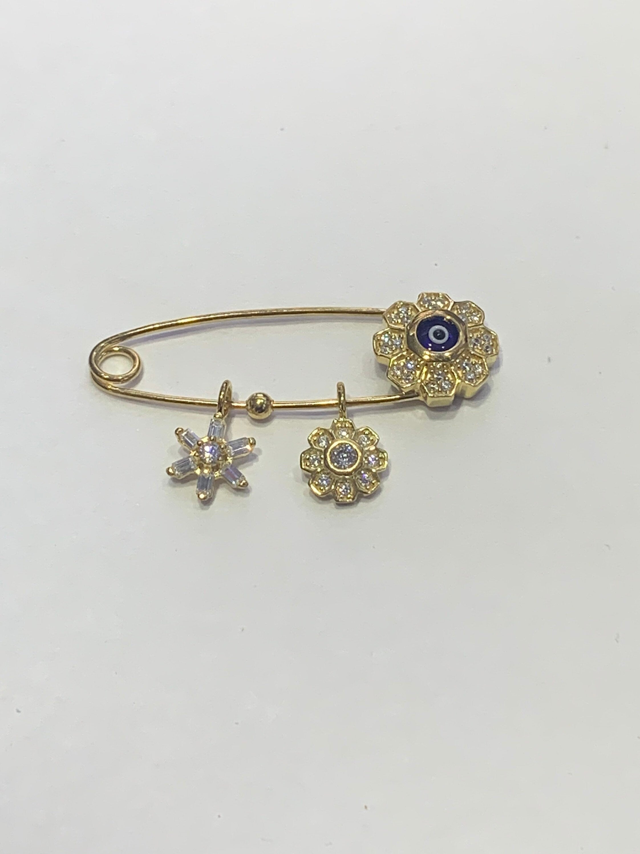 LIV Baby 18k Yellow Gold over Sterling Silver Evil Eye Protection Pin With Hand Set Simulated Diamonds