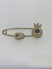 LIV Baby 18k Yellow Gold over Sterling Silver Evil Eye Protection Hamsa/ Hand of God & Crown Baby Pin