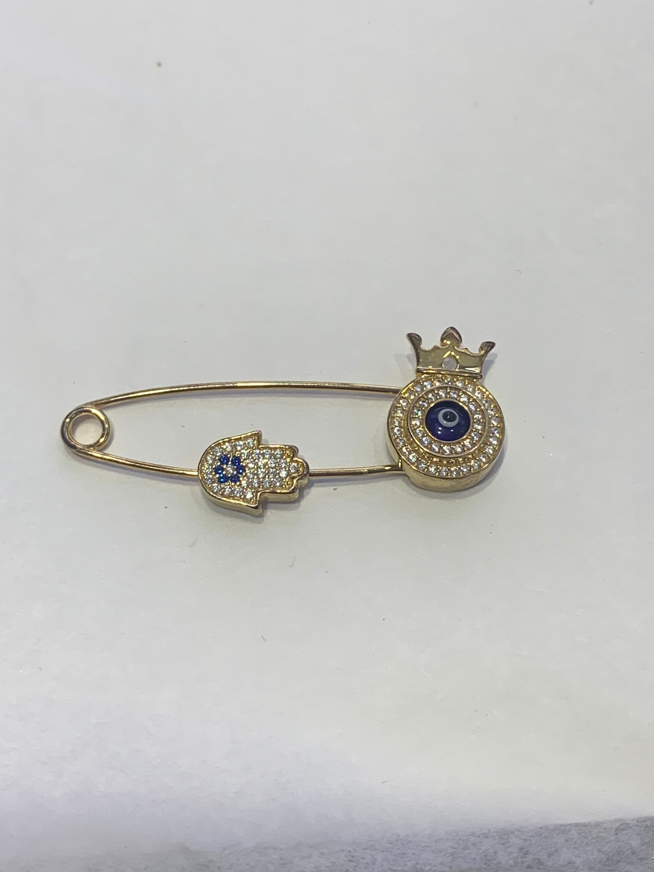 LIV Baby 18k Yellow Gold over Sterling Silver Evil Eye Protection Hamsa/ Hand of God & Crown Baby Pin