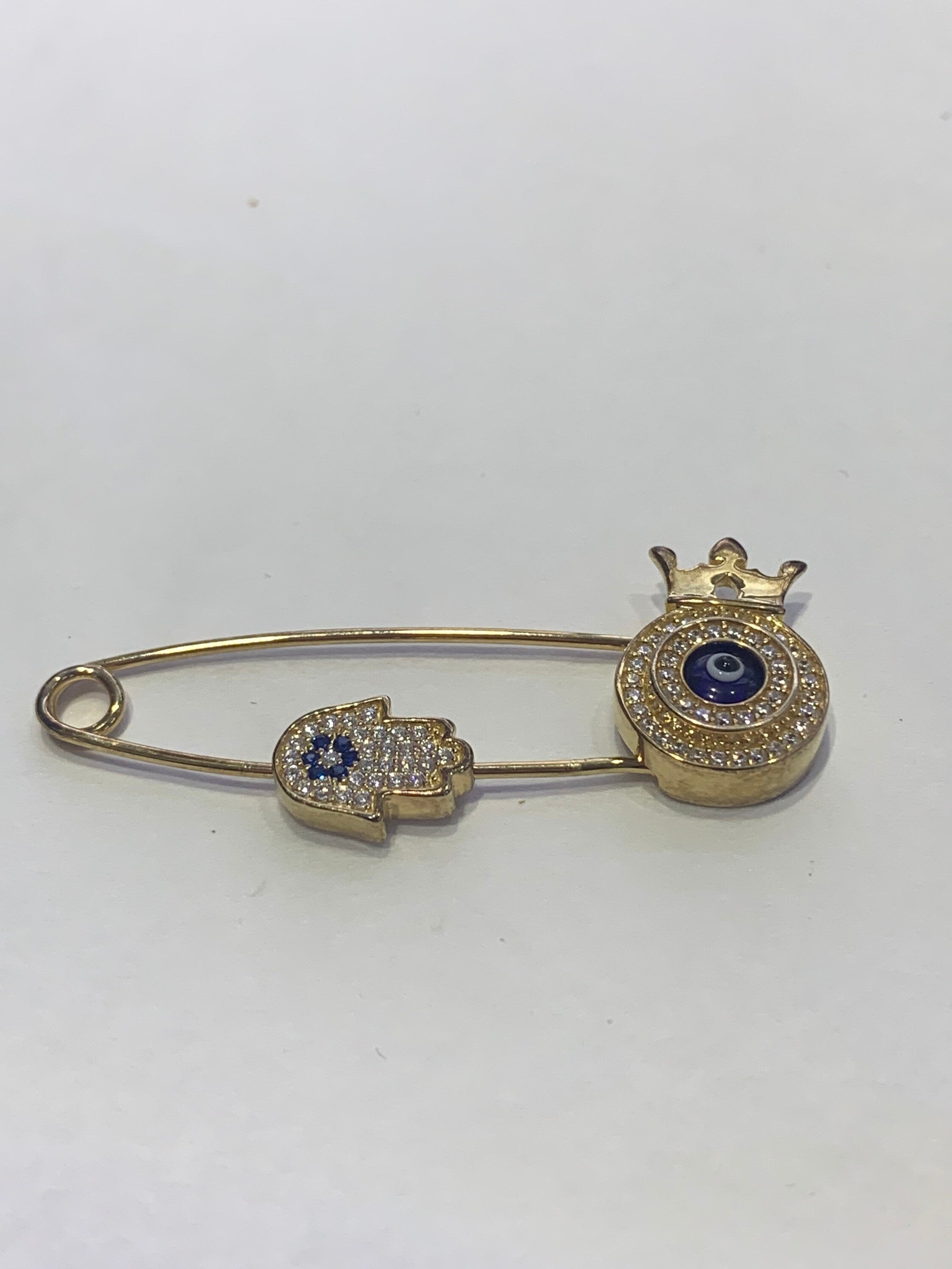 LIV Baby 18k Yellow Gold over Sterling Silver Evil Eye Protection Hamsa/ Hand of God & Crown Baby Pin