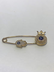 LIV Baby 18k Yellow Gold over Sterling Silver Evil Eye Protection Hamsa/ Hand of God & Crown Baby Pin