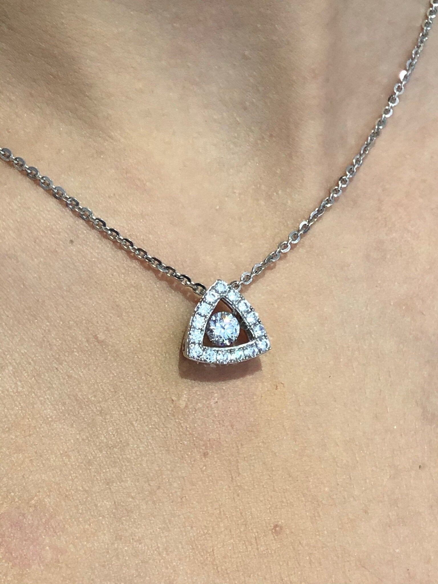 LIV Platinum over Sterling Silver Triangle Halo Design Necklace With Hand Set Simulated Diamonds "Dancing Diamond" Center Stone