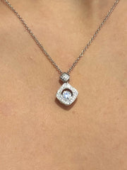 LIV Platinum over Sterling Silver Unique Halo Design Necklace With Hand Set Simulated Diamonds "Dancing Diamond" Center Stone