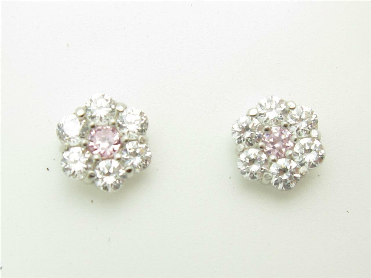 LIV Platinum Sterling Silver Pink and White Sapphire Flower Child Stud Screw Earrings