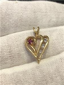 LIV 14k Yellow Gold Genuine Diamonds & Red Ruby Small Abstract Open Heart Pendant