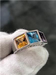 LIV 14k White Gold Genuine Amethyst, Blue Topaz, Golden Citrine Color Band Ring