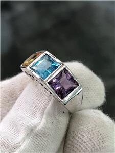 LIV 14k White Gold Genuine Amethyst, Blue Topaz, Golden Citrine Color Band Ring