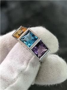 LIV 14k White Gold Genuine Amethyst, Blue Topaz, Golden Citrine Color Band Ring