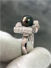 LIV 18k White Gold Genuine Diamonds & Black Tahitian Pearl 9mm Cocktail Ring