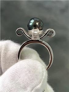 LIV 18k White Gold Genuine Diamonds & Black Tahitian Pearl 9mm Cocktail Ring