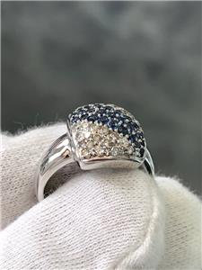 LIV 14k White Gold Genuine Diamonds & Blue Sapphires Pave Cushion Halo Ring