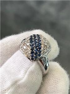 LIV 14k White Gold Genuine Diamonds & Blue Sapphires Pave Cushion Halo Ring