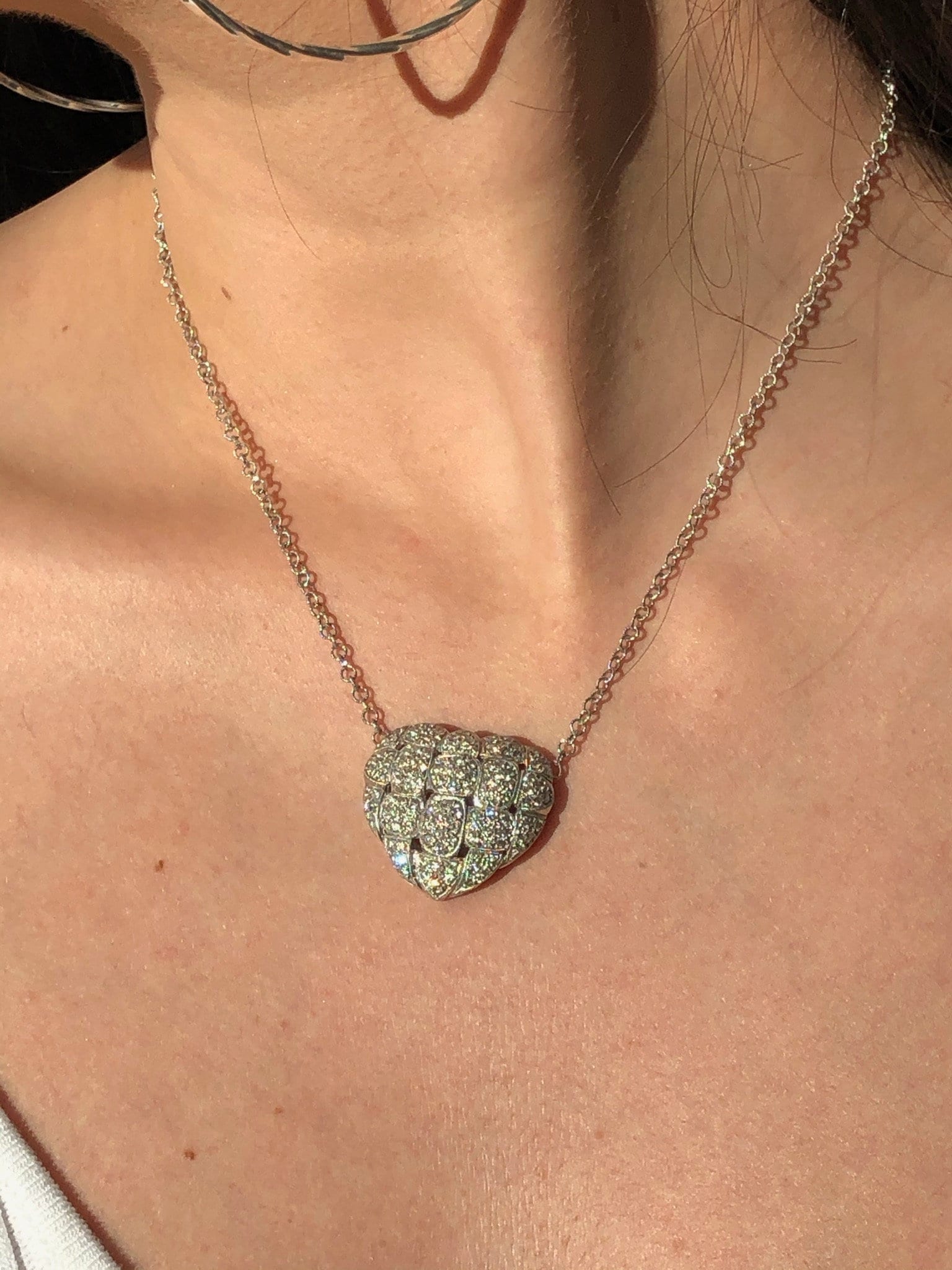 LIV 18K White Genuine White Diamonds Pave Heart Cable Halo Necklace