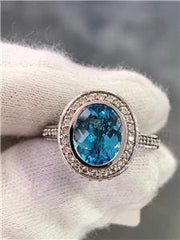 LIV 14k White Gold Genuine Diamonds & Blue Topaz Oval Cut Pave Halo Ring Gift