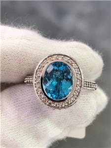 LIV 14k White Gold Genuine Diamonds & Blue Topaz Oval Cut Pave Halo Ring Gift