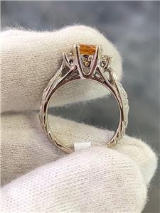 LIV 14k White Gold Genuine Diamonds & Golden Citrine Round Cut Engraved Ring