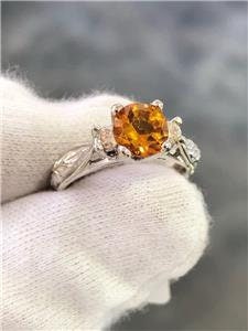 LIV 14k White Gold Genuine Diamonds & Golden Citrine Round Cut Engraved Ring