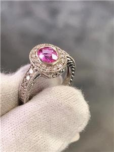 LIV 14k White Gold Genuine Diamonds & Pink Tourmaline Oval Vintage Design Halo Ring