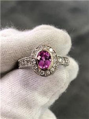 LIV 14k White Gold Genuine Diamonds & Pink Tourmaline Oval Vintage Design Halo Ring